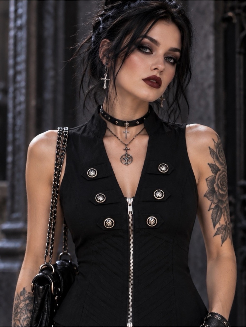 Oh Yes Black Napoleon/ Military Sleeveless Black Zip-Front Corset Gothic Vest.M
